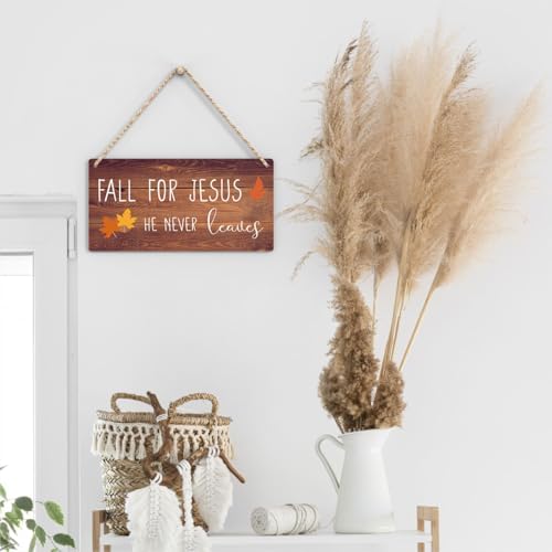 FREHVN Fall Decorations for Home Office Front Door - 'Fall for Jesus He Never Leaves' Sign - Autumn Wall Hanging Decor 12 X 6 Inch - Image 5