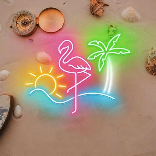 Dimmable Summer Neon Sign Powered by USB,Acrylic Pink Flamingo Green Palm Tree Neon Art Light Sea Beach Light up Decor,Personalized Neon Light for Girls Room Sea Hotel Beach Pool Party(15.7x11Inch) by HFHungkeong