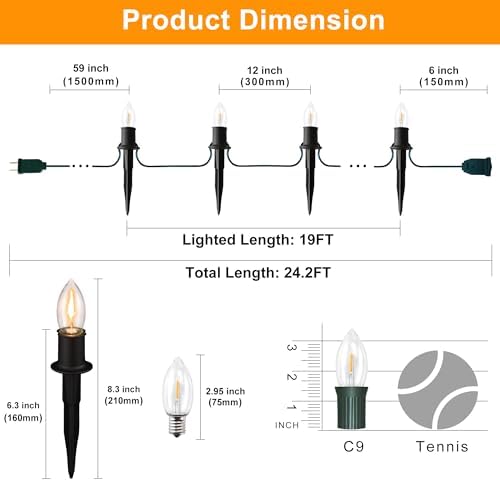 TIORIY Christmas Pathway LED Lights Outdoor, 20 Lights C9 Walkway Lights with Stakes, 24.2ft Clear Driveway Christmas Lights for Pathway, Warm White, Extendable for Outdoor Decorations - Image 2