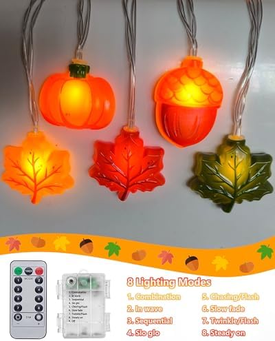 Fall Thanksgiving Lights Battery Operated 10Ft 20 LED Pumpkin Acorn Maple Leaf String Lights with Timer, Orange Autumn Light for Indoor Outdoor, Halloween Harvest Fall Decor for Home Porch Party - Image 2