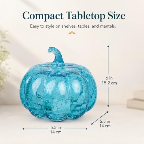 Aqua Blue Crackle Glass Pumpkin Light with Timer, 5.5 Inch - Image 5