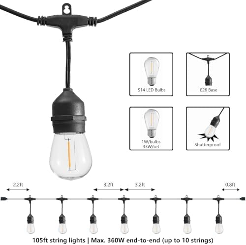 SUNTHIN 105FT Outdoor String Lights with 34 1W LED Bulbs - Image 2