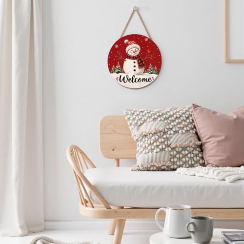 Christmas Welcome Sign for Front Door Decor Xmas Snowman Snowflake Round Outdoor Hanging Wooden Door Sign for Porch Red Winter Holiday Wreath Hanger Sign for Outside Indoor Wall Decoration 12"X12" - Image 5