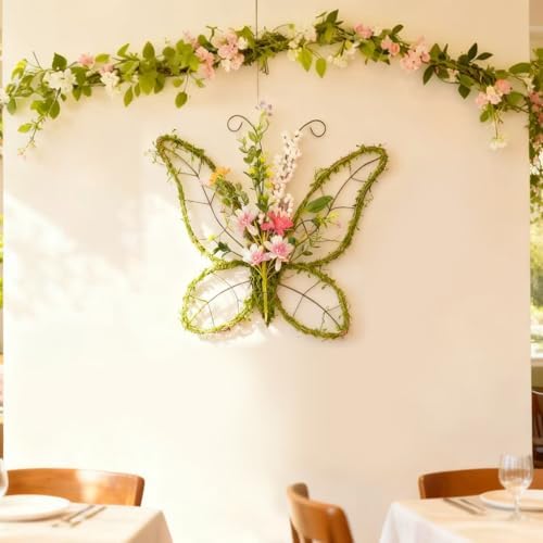 idyllic Butterfly Shaped Wreath with Pastel Berries and Floral Spring Artificial Wreaths for Front Door Decor（Pink） - Image 5
