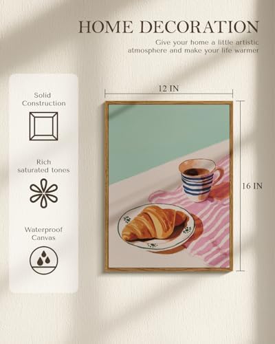 Framed Wall Art 12x16 Inch Coffee Cup and Croissant Canvas Print, Pastel Watercolor Breakfast Illustration Painting, Minimalist Modern Food Artwork Kitchen Dining Room Cafe Aesthetic Decor Gift - Image 2