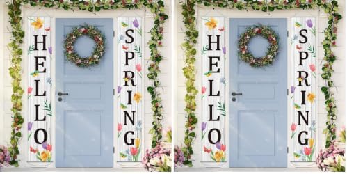 Hello Spring Porch Banner for Front Door Spring Door Banner Colorful Floral Green Leaves Porch Sign Hanging Flag Vintage Spring Decorations Seasonal For Yard Indoor Outdoor Decorations (Pack of 2) by chiazllta