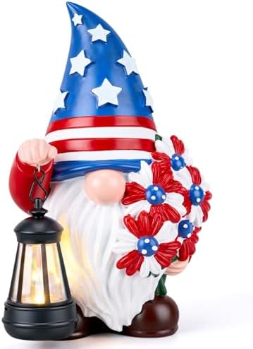 Capoda Solar Patriotic Gnome Statue 8" Garden Resin Gnome Figurine Holding Lantern with Solar LED Lights Decorations for Table 4th of July Independence Day Outdoor Yard Patio Lawn Decor by Capoda