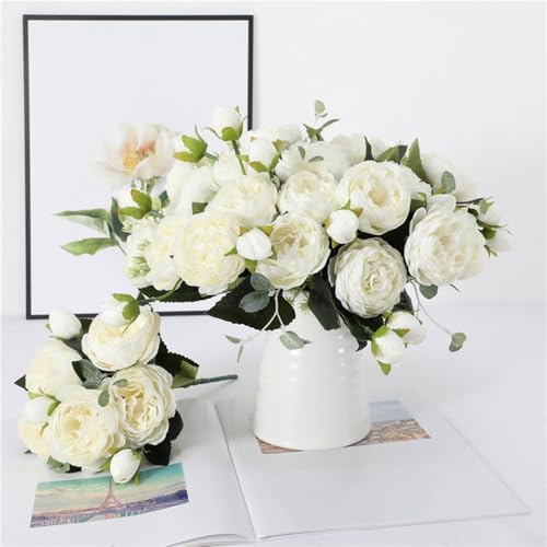 Artificial Peony Flowers Silk Peony Rose Fake Flowers 3Pcs White - Image 5