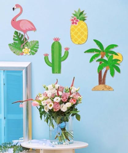 Putuo Decor Tropical Metal Wall Decor Set of 4, Pineapple Flamingo Palm Tree Cactus Tin Wall Art, Distressed Wall Hanging for Bathroom Patio Tiki Bar Pool Beach House Decor - Image 6