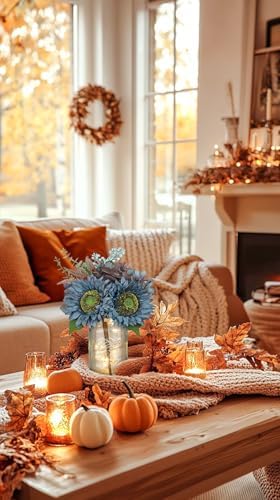 Silk Sunflowers Artificial Flowers with Mason Jar Centerpiece for Table Blue Fall Flowers in Vase Small Fall Floral Arrangement with Vase Thanksgiving Centerpiece for Dining Room Table Autumn Decor - Image 6