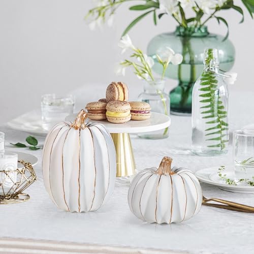 2Pcs Halloween Pumpkin Artificial Resin Pumpkins Decor for Mantel Harvest Autumn Tabletop Decoration Gold Fall Pumpkin Decorations Thanksgiving Table Centerpieces (Set C, ONE Size) - Image 4