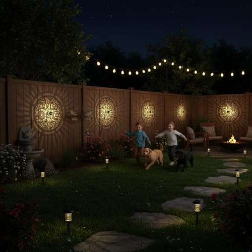 gardencave 4 Pack Solar Fence Lights Metal Solar Powered Outdoor Wall Deck Step Lights Tree Theme Waterproof Fence Light for Garden Post Patio Backyard Yard Decor (Tree, 4 Pack) - Image 3