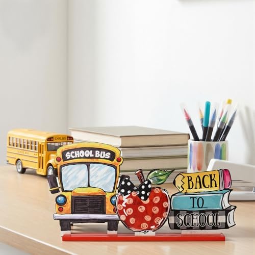Smile Back to School Wooden Table Decor Book Stack, Polka Dot Apple, School Bus Desktop Signs - Classroom & Home Office Tabletop Decorations School Gift for Students, Teachers - Image 6