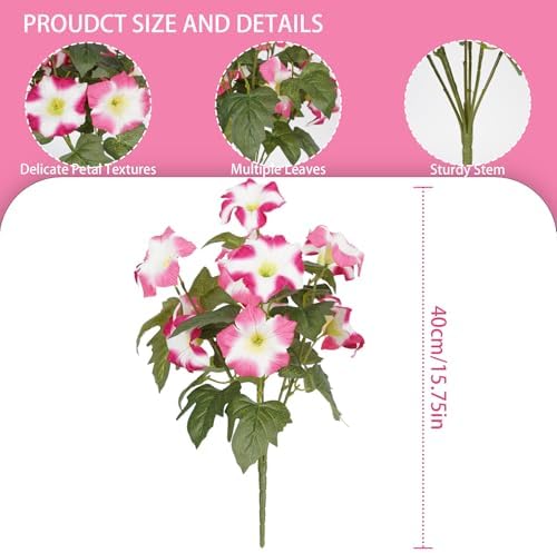 Artificial Flowers for Outdoors, Faux Petunias Spring Summer Decoration, Fake Flowers Plants UV Resistant Look Real Silk Flowers for Outside Planter Front Door Porch Patio Yard (6, Pink-White) - Image 2