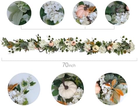 Fall Pumpkin Hydrangea Flower Garland for Doors Wall, Autumn White Coral Pumpkins with Lamb Ear Leaves for Home Decoration, Fall Home Decor Wreath Garland - Image 5