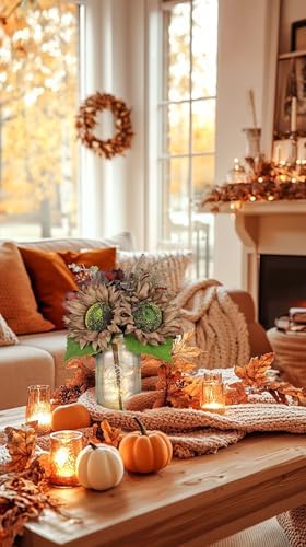 Silk Sunflowers Artificial Flowers with Mason Jar Centerpiece for Table Brown Fall Flowers in Vase Small Fall Floral Arrangement with Vase Thanksgiving Centerpiece for Dining Room Table Autumn Decor - Image 6