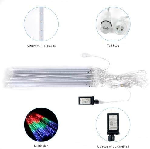 Aluan Christmas Meteor Shower Lights Outdoor, 20 Tubes 16 inch 720 LED Plug in Waterproof Falling Rain Lights for Xmas Halloween Holiday Trees Yard Roof Decoration, Multicolor - Image 4