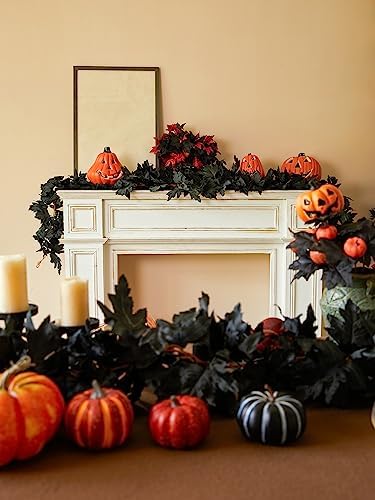 PARTY JOY Black Artificial Maple Leaf Garland - 6PCS 5.6Ft Halloween Decor, Gothic Fall Vines for Front Porch, Thanksgiving Autumn Table Centerpiece & Wall Hanging - Image 4