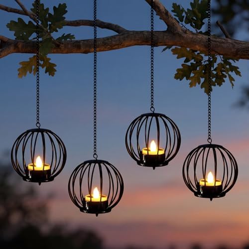 Edenseelake Solar Hanging Lanterns Outdoor Waterproof, Metal Ball Candle Holder with Flickering Solar Powered, Chargeable Solar Lights for Backyard Patio Garden Fence Tree Decoration, 4 Pack by Edenseelake