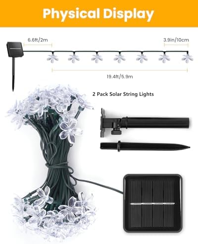 Brightown 2 Pack Total 52FT 120 LED Solar String Lights Flower Outdoor Waterproof Fairy Lights for Garden Yard Fence Patio Christmas Tree Wedding Party Decor, Warm White - Image 3
