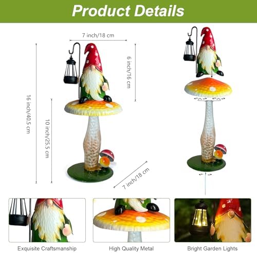 HONGLAND Solar Garden Gnomes Outdoor Statue, Waterproof Outdoor Mushroom Decor with Solar Lantern LED Lights for Yard, Patio, Lawn Ornaments, Ideal Gifts for Mom Grandm, Housewarming Gifts-16.5" - Image 2