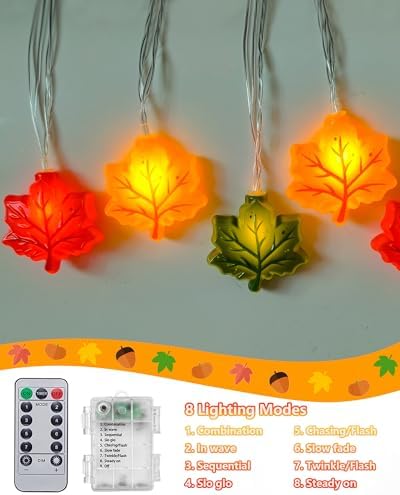 Fall Decor Maple Leaf String Lights, 10Ft Fall Thanksgiving Lights Indoor Battery Operated 20 LED Multicolor 3D Maple Leaves String Light with Timer, Autumn Light for Harvest Party Porch Home Decor - Image 3