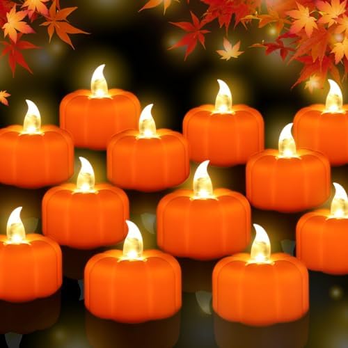 CESOF 12 Pack Fall Decorations for Home Pumpkin Tea Lights Halloween Decor by CESOF