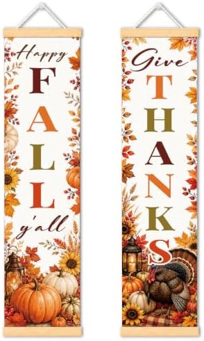 Happy Fall Door Banner Set of 2, Give Thanks Turkey Porch Decor for Home by Unknown