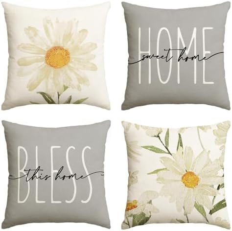 AVOIN colorlife Home Sweet Home Spring Summer Flowers Throw Pillow Covers, 20 x 20 Inch Grey Cushion Case for Sofa Couch Set of 4 by AVOINcolorlife