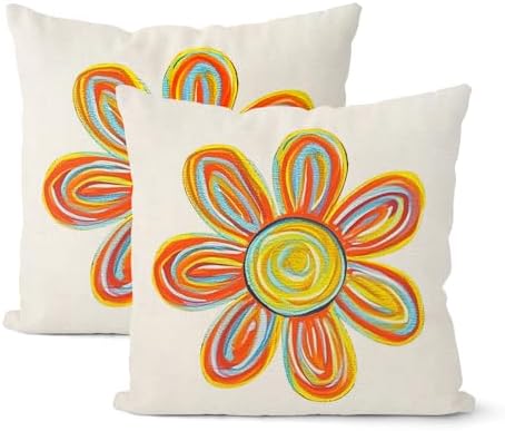 Summer Pillow Covers 18x18 Inch Set of 2 Watercolor Yellow Sun Flower Decorative Throw Pillows Boho Outdoor Sunshine Pillow Cases Linen Farmhouse Cushion Case Decorations for Home Bedroom by JEFERSO