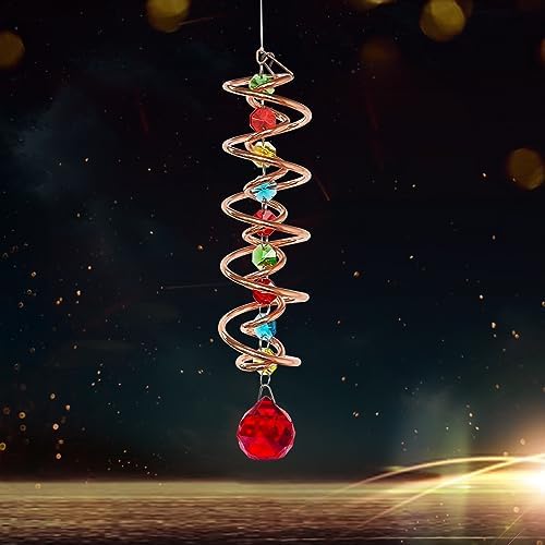FONMY Gazing Ball Spiral Tail -Decorative Wind Spinner Sun Catcher Rainbow Maker Copper Double-Spiral W/Red Crystal Ball and Chain Crystals Beads for Indoor Outdoor Garden Decoration -14 inch Height by FONMY