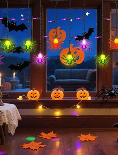 7Ft Halloween Spider Curtain String Lights Outdoor Waterproof, 25LED Plug-in Halloween Decorations with 10 Colorful Spider Lights, Spooky Party Decor for Haunted House, Patio, Porch, Yard, Window - Image 7