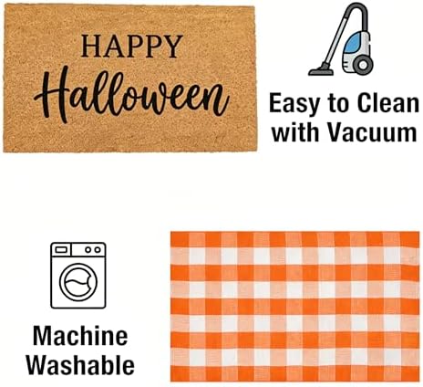 SEEKSEE Happy Halloween Decor Doormat Set, Thick Coco Coir Door Mat + Orange and White Buffalo Plaid Rug, Outdoor Layered Mat for Front Door Non-Slip Backing Floor Mat for Porch - Image 6