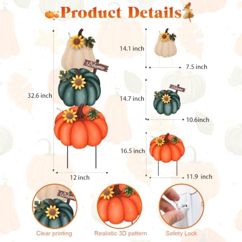 VCUTEKA Fall Outdoor Pumpkin Garden Stake, 3PCS Thanksgiving Harvest Decor - Image 2