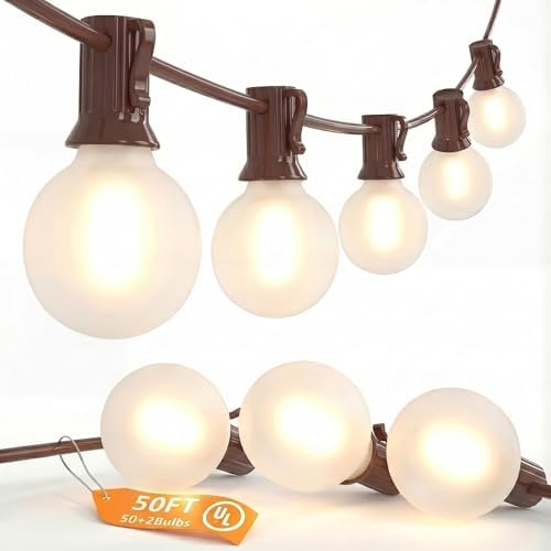 SUNSGNE 50FT Brown Outdoor Edison String Lights, Waterproof Shatterproof LED Globe String Lights with 50 G40 LED Frosted White Bulbs for Backyard Patio Porch Balcony Party Decor, E12 Base by SUNSGNE