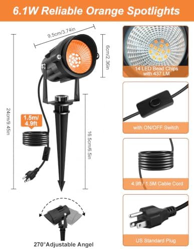 Halloween Orange Spot Lights Outdoor, 14 LED Landscape Lighting with US Plug, IP65 Waterproof Spotlights for Yard Garden Tree Porch Pathway Christmas Decor 2 Pack - Image 4