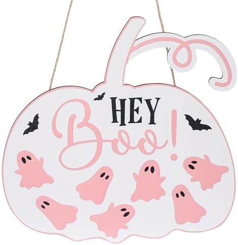 Fall Thanksgiving Door Sign Pink Pumpkin Wreath Decorations Hey Boo Sign for Front Door Decor Autumn Harvest Thanksgiving Farmhouse Wall Hanging Wooden Door Hanger for Fall Holiday Porch Outdoor Indoor Halloween Party by PerseveranceTrade