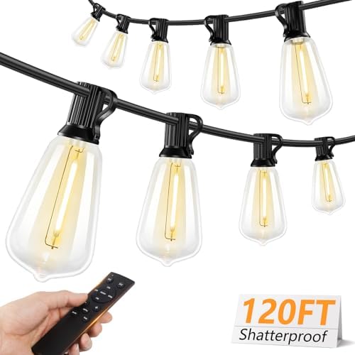 Brightever 120FT LED Outdoor String Lights with Remote, Patio Lights Outdoor Waterproof with 36+2 Shatterproof ST38 LED Bulbs, Dimmable Outside Hanging Light for Porch, Garden, Backyard, Cafe, 2700K by Brightever