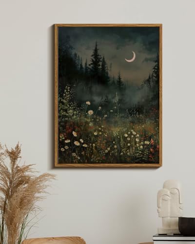 WHASAYART Moonlit Forest Wall Art 12x16 Framed Wildflower Meadow Canvas Print, Rustic Nature Night Landscape Artwork Moody Dark Crescent Moon Botanical Flowers Trees Art, Aesthetic Bedroom Home Decor - Image 6