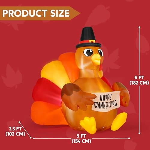 JOIEDOMI 6FT Thanksgiving Inflatable Turkey Decoration Outdoor, Light Up Inflation Turkey with LED, Happy Thanksgiving Blow Up Yard Decorations for Outside, Yard, Garden, Lawn, Party Supplies - Image 5