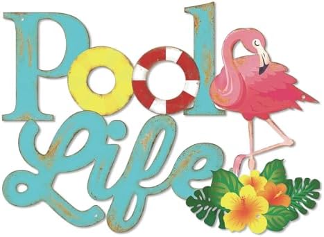 Putuo Decor Pool Life Metal Wall Art Decor, Coastal Metal Wall Art, Tropical Outdoor Decor Flamingo & Hibiscus Flower Design Swimming Pool Sign for Summer Beach Patio Poolside Bathroom Boat Decoration by PUTUODECOR