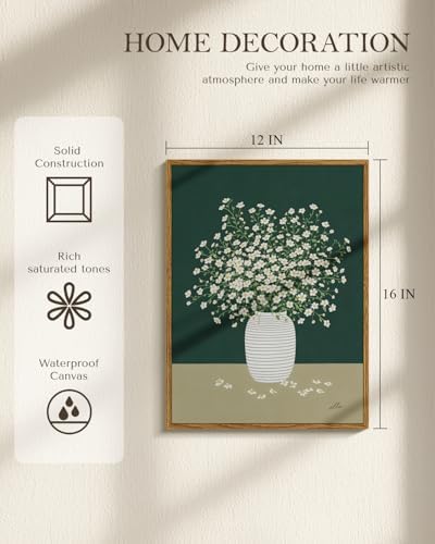 Vintage Framed Floral Wall Art 12x16 Inch, Minimalist White Daisy Flower in Vase Canvas Painting Print, Rustic Modern Green Botanical Artwork Living Room Bedroom Kitchen Bathroom Decor - Image 2