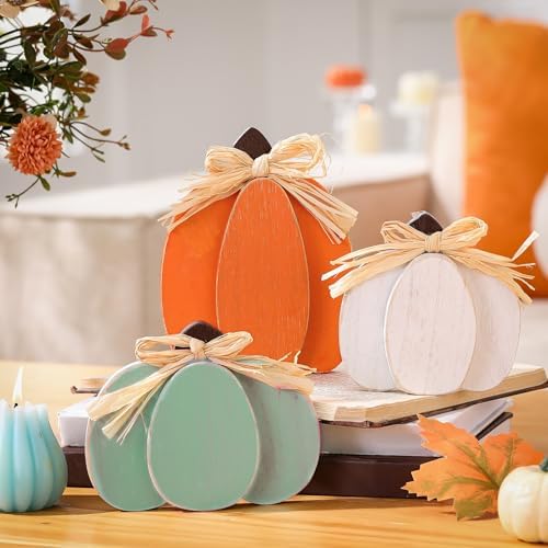 Ferraycle 3 Pcs Fall Pumpkin Decor Fall Wooden Signs 3D Pumpkin Tabletop Decor Farmhouse Sign Rustic Tiered Tray Decorations Block Centerpieces Standing Sign for Home Kitchen Harvest(Stylish Color) - Image 2