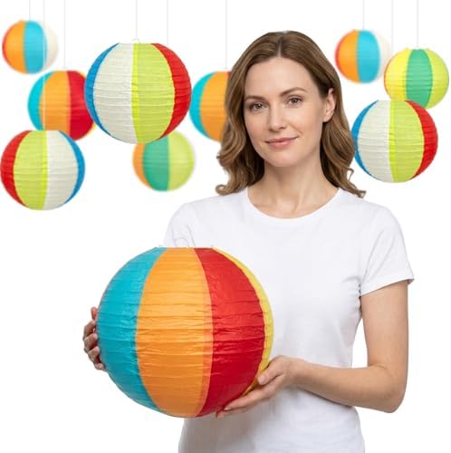 Beach Ball Paper Lanterns, 10-Pc 10 Inch Summer Hanging Decorations by Peywot