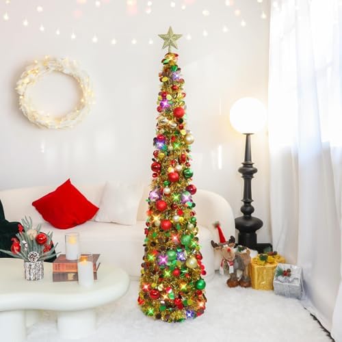 N&T NIETING Pop Up Christmas Tree with Lights, Collapsible Tinsel Xmas Tree Decorations, Pencil Christmas Tree Skinny Tree for Holiday Xmas Home Office Decor, 30 Balls, 5Ft, Gold Mix - Image 2