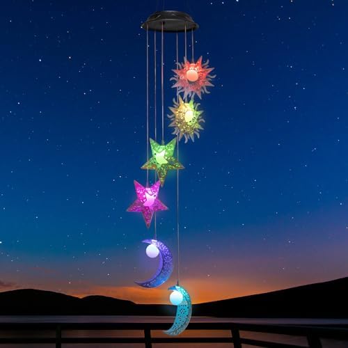 Tryme Solar Wind Chimes with Sun Moon Star Color Changing Windchimes, Outdoor Hanging Lights, Garden Decor Gifts for Mom, Grandma, Wife, Neighbors by Tryme