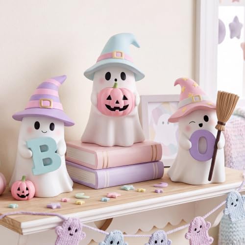 3 Pcs Pastel Halloween Ghost Figurines 4" Resin Halloween Decor - Image 4