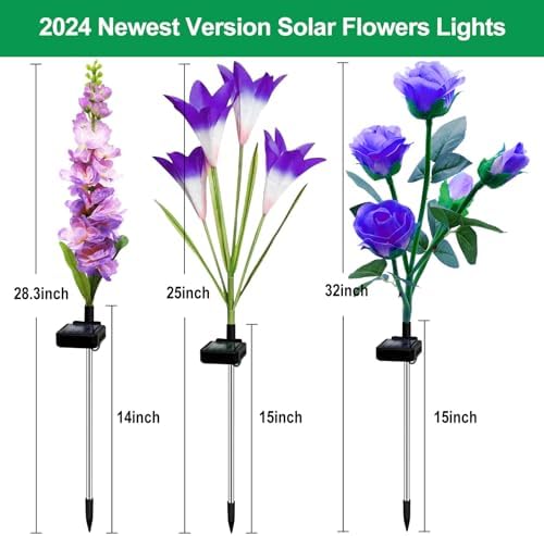 Solar Garden Lights Waterproof, 3 Pack Solar Flowers Lights Includes Lily Rose Delphinium, Gardening Gifts for Mom Grandma Women, 7-Color Changing Outdoor Decor for Garden Yard Patio Lawn - Image 2