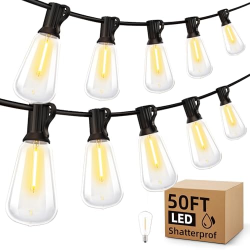 MGVIH Outdoor String Led Patio Lights - 50Ft 15M Outside Waterproof Light ST38 Shatterproof Bulb Connectable Hanging Outdoor Electric Lighting for Backyard Yard Gazebo Porch Party by MGVIH