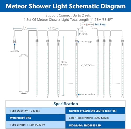PEMOTech Meteor Shower Lights Outdoor, 38.5ft 15 Tubes 11.8" 540 LED Christmas Lights Outdoor, Snow Falling Icicle Light for Xmas Tree Halloween Decoration Wedding Party Window, Cool White - Image 4